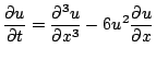 $\displaystyle \frac{\partial u}{\partial t} =\frac{\partial^3 u}{\partial x^3}
 -6u^2\frac{\partial u}{\partial x}$